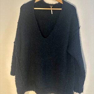 Free People Black Chunky V Neck Tunic Sweater